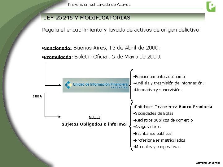 Prevención del Lavado de Activos LEY 25246 Y MODIFICATORIAS Regula el encubrimiento y lavado Prevención del Lavado de Activos LEY 25246 Y MODIFICATORIAS Regula el encubrimiento y lavado
