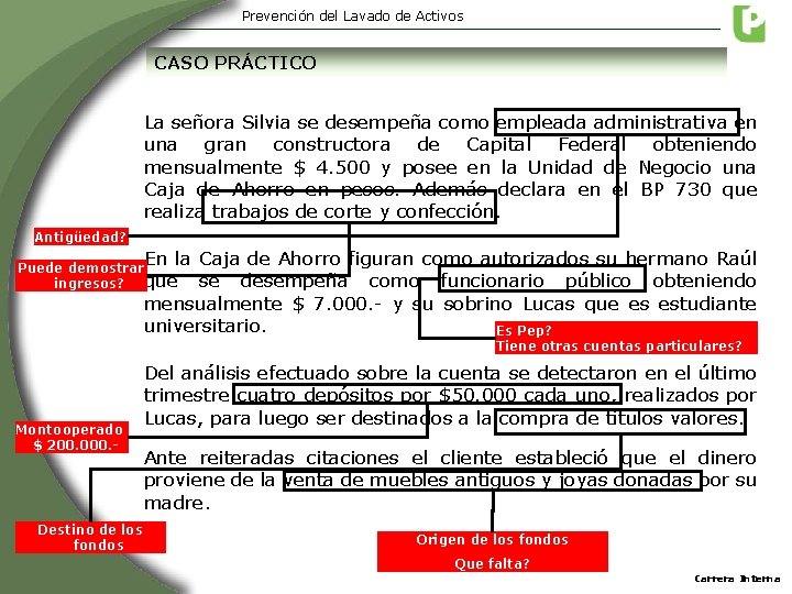 Prevención del Lavado de Activos CASO PRÁCTICO La señora Silvia se desempeña como empleada Prevención del Lavado de Activos CASO PRÁCTICO La señora Silvia se desempeña como empleada