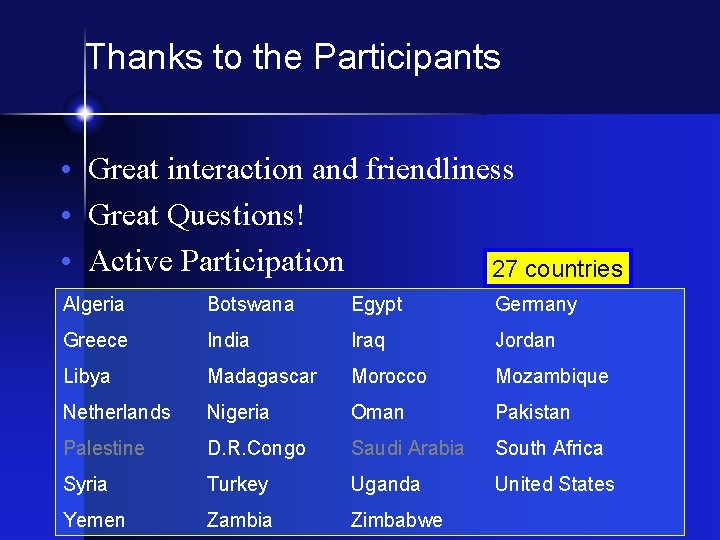 Thanks to the Participants • Great interaction and friendliness • Great Questions! • Active
