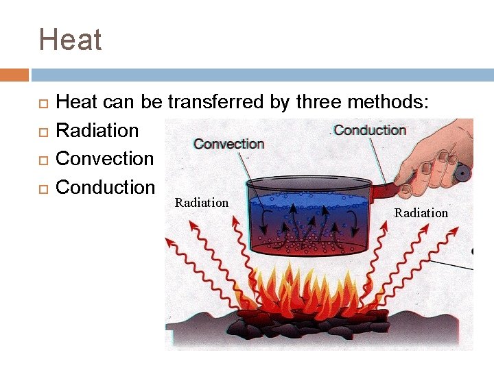 Heat Heat can be transferred by three methods: Radiation Convection Conduction Heat Heat can be transferred by three methods: Radiation Convection Conduction