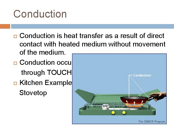 Conduction is heat transfer as a result of direct contact with heated medium without Conduction is heat transfer as a result of direct contact with heated medium without