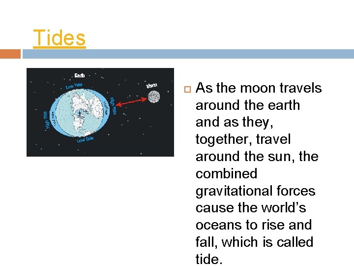 Tides As the moon travels around the earth and as they, together, travel around Tides As the moon travels around the earth and as they, together, travel around
