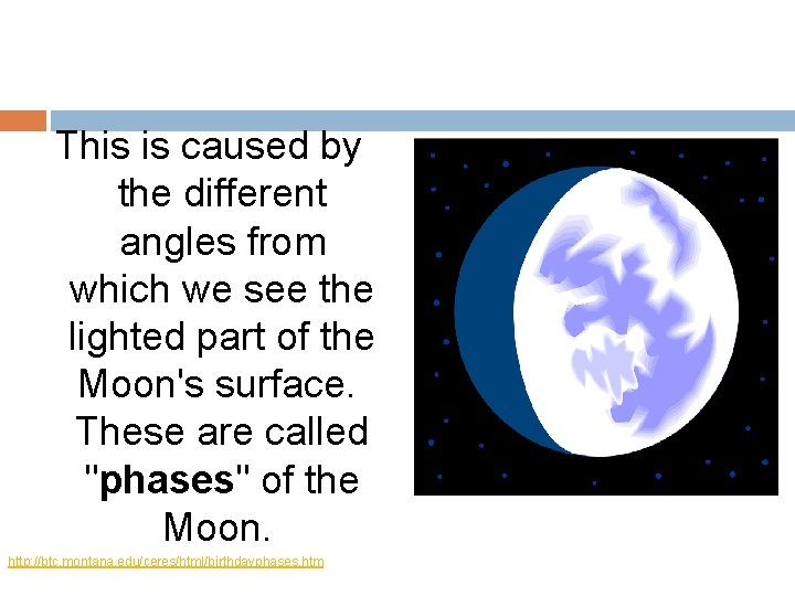 This is caused by the different angles from which we see the lighted part This is caused by the different angles from which we see the lighted part