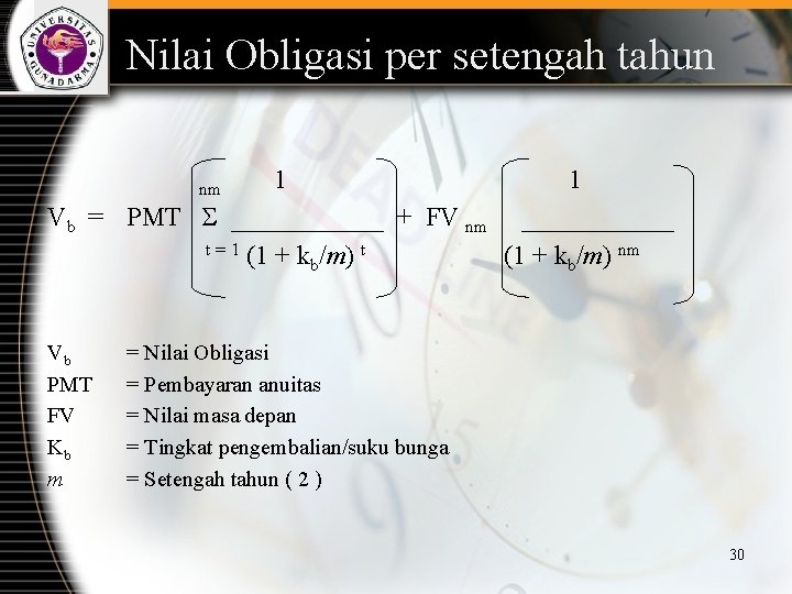 Nilai Obligasi per setengah tahun nm 1 Vb = PMT t= 1 Vb PMT