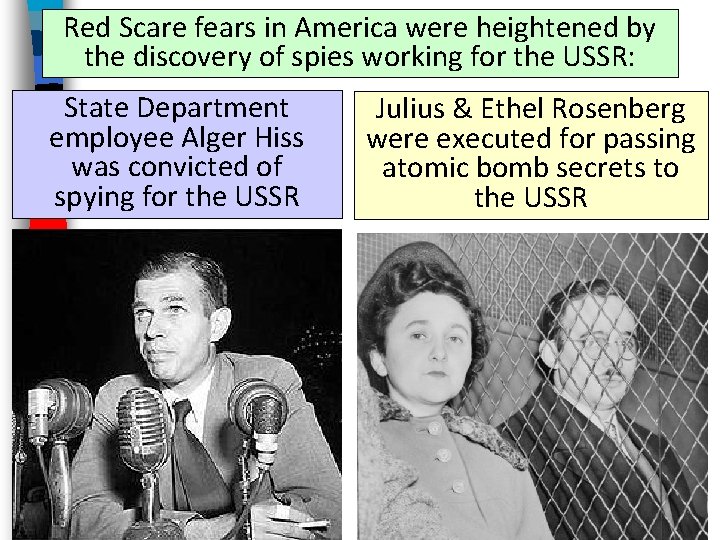 Red Scare fears in America were heightened by the discovery of spies working for