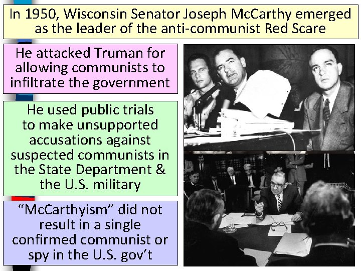 In 1950, Wisconsin Senator Joseph Mc. Carthy emerged as the leader of the anti-communist