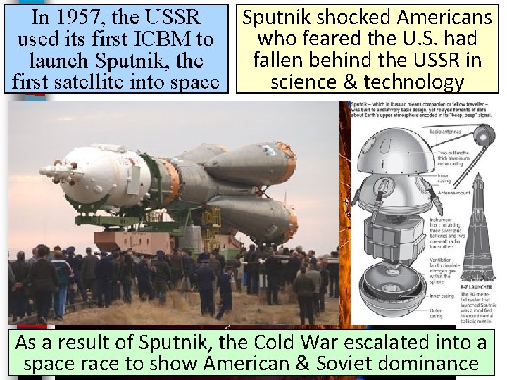Sputnik shocked Americans In 1957, the USSR who feared the U. S. had used