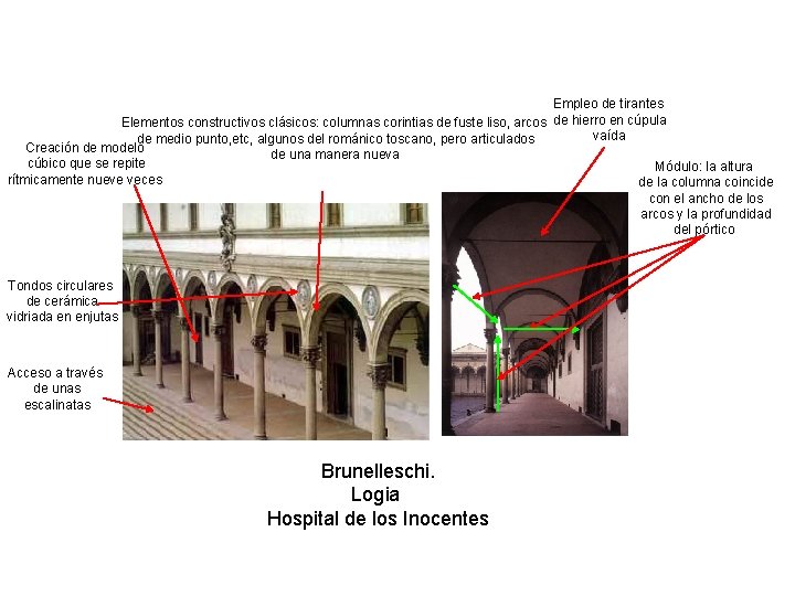 Empleo de tirantes Elementos constructivos clásicos: columnas corintias de fuste liso, arcos de hierro