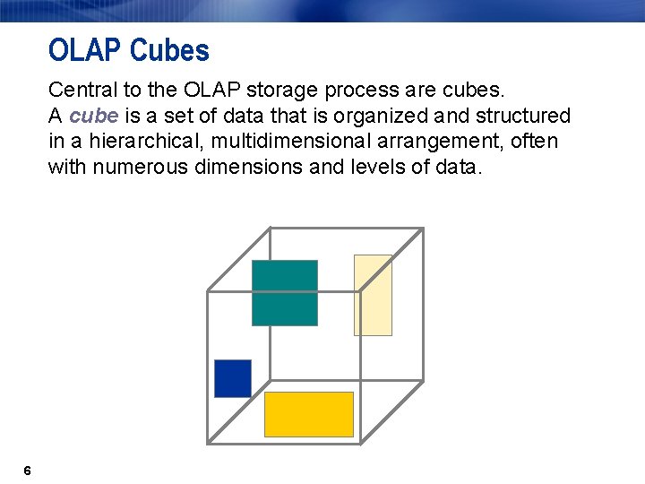 OLAP Cubes Central to the OLAP storage process are cubes. A cube is a
