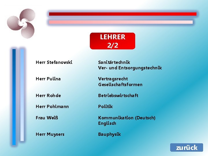 LEHRER 2/2 Herr Stefanovski Sanitärtechnik Ver- und Entsorgungstechnik Herr Pulina Vertragsrecht Gesellschaftsformen Herr Rohde LEHRER 2/2 Herr Stefanovski Sanitärtechnik Ver- und Entsorgungstechnik Herr Pulina Vertragsrecht Gesellschaftsformen Herr Rohde
