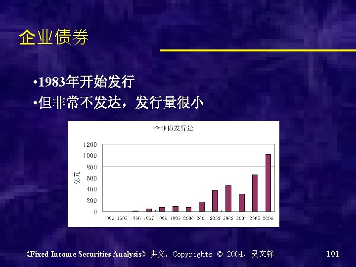 企业债券 • 1983年开始发行 • 但非常不发达，发行量很小 《Fixed Income Securities Analysis》讲义，Copyrights © 2004，吴文锋 101 