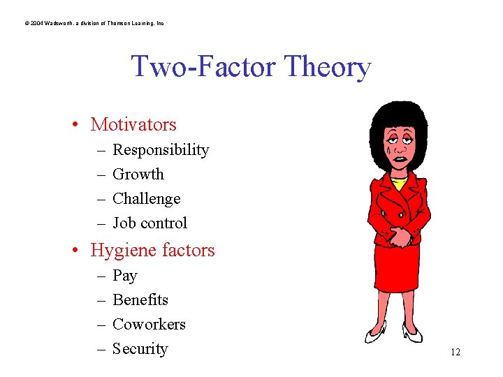 © 2004 Wadsworth, a division of Thomson Learning, Inc Two-Factor Theory • Motivators – © 2004 Wadsworth, a division of Thomson Learning, Inc Two-Factor Theory • Motivators –