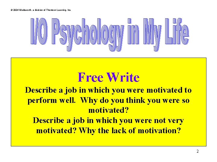 © 2004 Wadsworth, a division of Thomson Learning, Inc Free Write Describe a job © 2004 Wadsworth, a division of Thomson Learning, Inc Free Write Describe a job