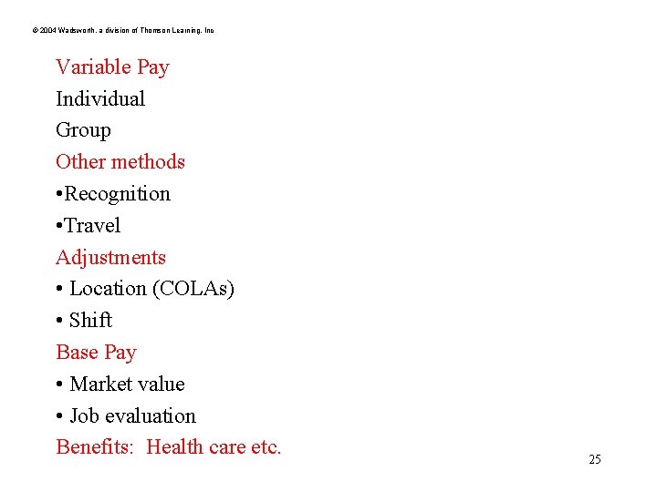 © 2004 Wadsworth, a division of Thomson Learning, Inc Variable Pay Individual Group Other © 2004 Wadsworth, a division of Thomson Learning, Inc Variable Pay Individual Group Other