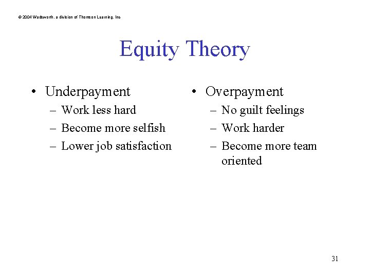 © 2004 Wadsworth, a division of Thomson Learning, Inc Equity Theory • Underpayment – © 2004 Wadsworth, a division of Thomson Learning, Inc Equity Theory • Underpayment –