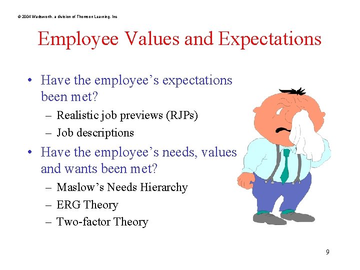 © 2004 Wadsworth, a division of Thomson Learning, Inc Employee Values and Expectations • © 2004 Wadsworth, a division of Thomson Learning, Inc Employee Values and Expectations •
