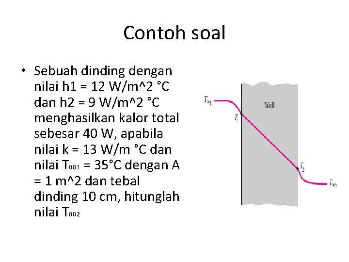 Contoh soal • Sebuah dinding dengan nilai h 1 = 12 W/m^2 °C dan