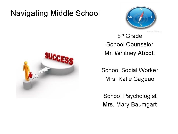 Navigating Middle School 5 th Grade School Counselor Mr. Whitney Abbott School Social Worker