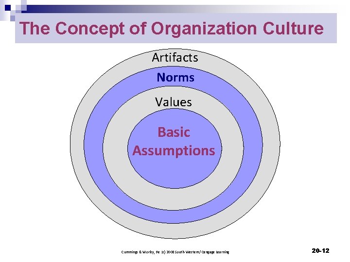 The Concept of Organization Culture Artifacts Norms Values Basic Assumptions Cummings & Worley, 9