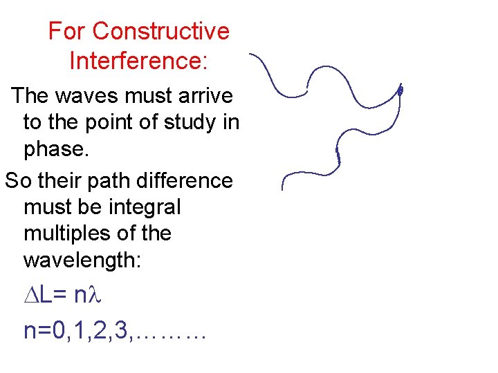 For Constructive Interference: The waves must arrive to the point of study in phase.