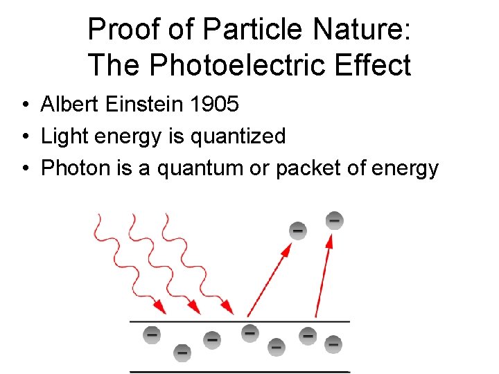 Proof of Particle Nature: The Photoelectric Effect • Albert Einstein 1905 • Light energy