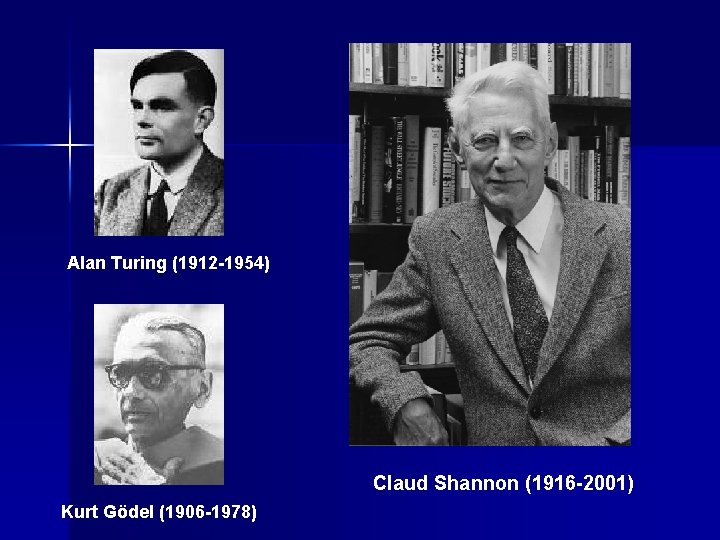 Alan Turing (1912 -1954) Claud Shannon (1916 -2001) Kurt Gödel (1906 -1978) 