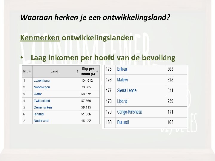 Waaraan herken je een ontwikkelingsland? Kenmerken ontwikkelingslanden • Laag inkomen per hoofd van de