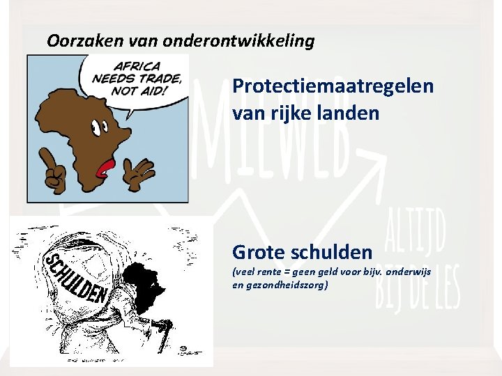 Oorzaken van onderontwikkeling Protectiemaatregelen van rijke landen Grote schulden (veel rente = geen geld