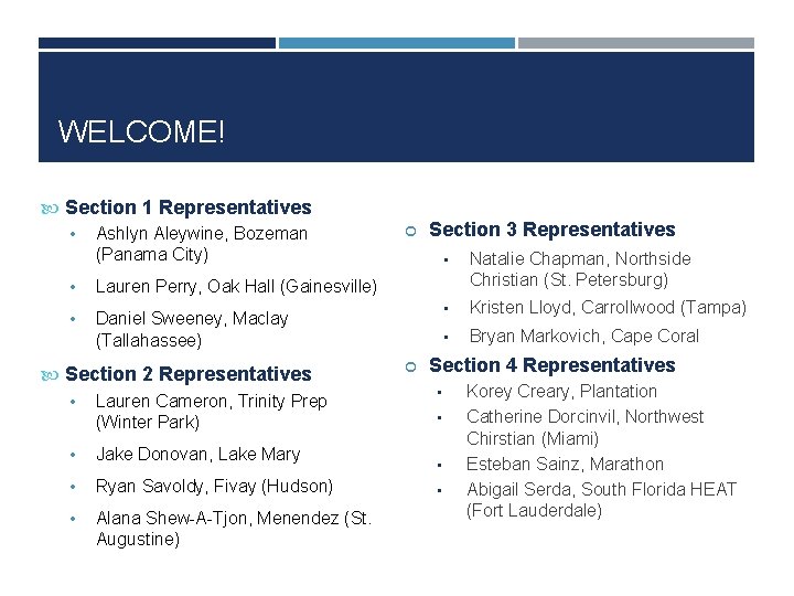 WELCOME! Section 1 Representatives • Ashlyn Aleywine, Bozeman (Panama City) • Lauren Perry, Oak