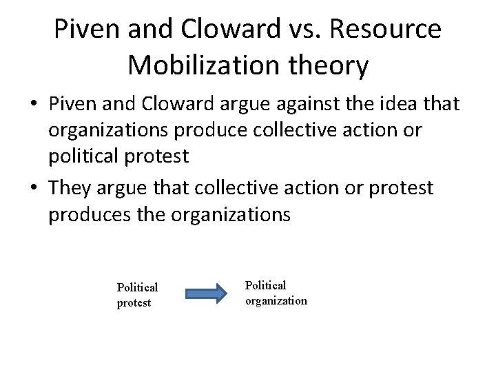 Piven and Cloward vs. Resource Mobilization theory • Piven and Cloward argue against the Piven and Cloward vs. Resource Mobilization theory • Piven and Cloward argue against the