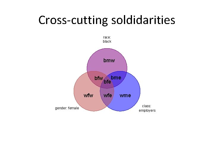 Cross-cutting soldidarities race: black bmw bfw wfw gender: female bme bfe wme class: employers Cross-cutting soldidarities race: black bmw bfw wfw gender: female bme bfe wme class: employers