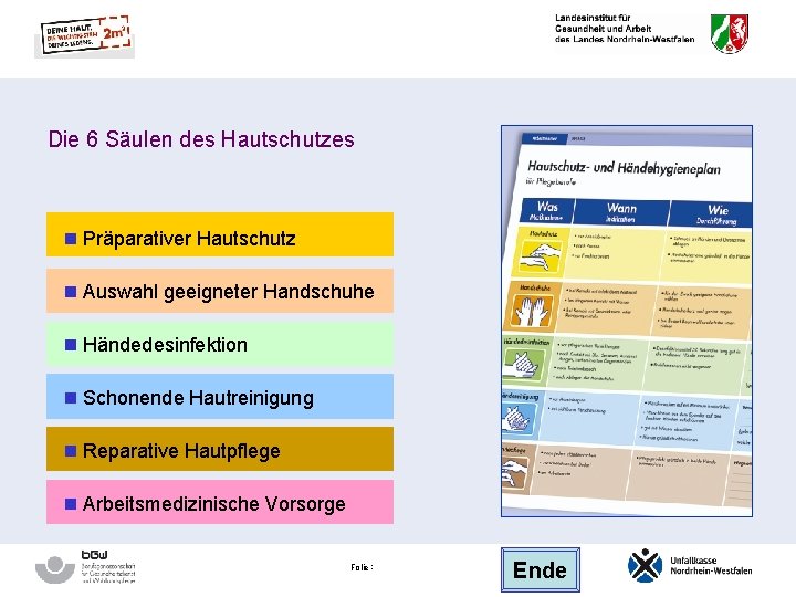 Die 6 Säulen des Hautschutzes n Präparativer Hautschutz n Auswahl geeigneter Handschuhe n Händedesinfektion