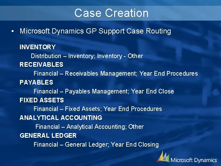 Case Creation • Microsoft Dynamics GP Support Case Routing INVENTORY Distribution – Inventory; Inventory