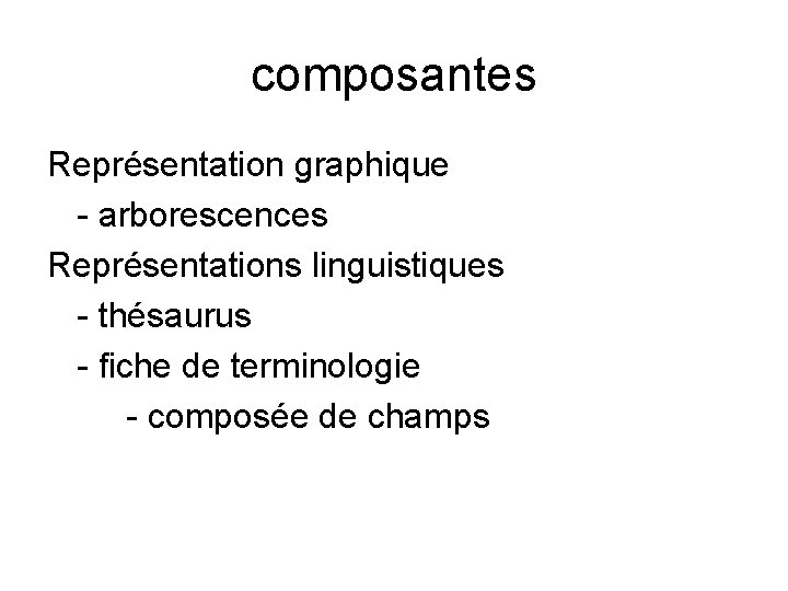 composantes Représentation graphique - arborescences Représentations linguistiques - thésaurus - fiche de terminologie - composantes Représentation graphique - arborescences Représentations linguistiques - thésaurus - fiche de terminologie -
