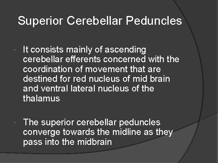 Superior Cerebellar Peduncles It consists mainly of ascending cerebellar efferents concerned with the coordination