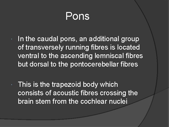 Pons In the caudal pons, an additional group of transversely running fibres is located