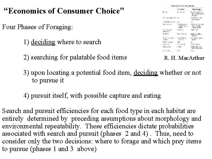 “Economics of Consumer Choice” Four Phases of Foraging: 1) deciding where to search 2)