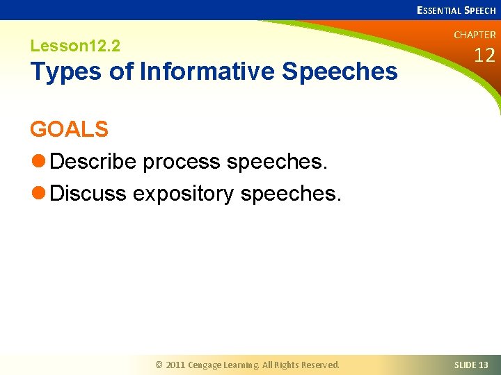 ESSENTIAL SPEECH CHAPTER Lesson 12. 2 Types of Informative Speeches 12 GOALS l Describe