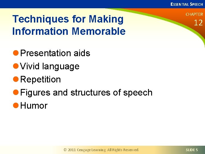 ESSENTIAL SPEECH Techniques for Making Information Memorable CHAPTER 12 l Presentation aids l Vivid