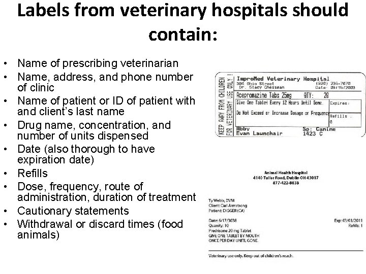 Labels from veterinary hospitals should contain: • Name of prescribing veterinarian • Name, address,