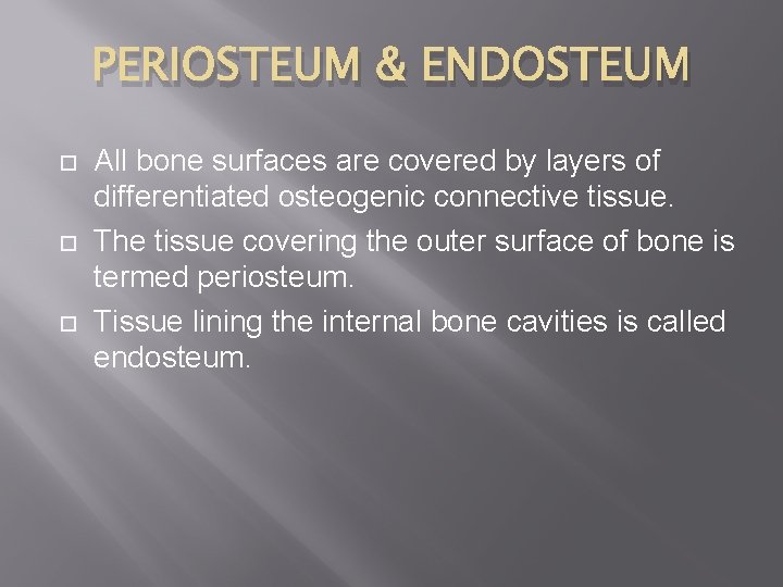 PERIOSTEUM & ENDOSTEUM All bone surfaces are covered by layers of differentiated osteogenic connective