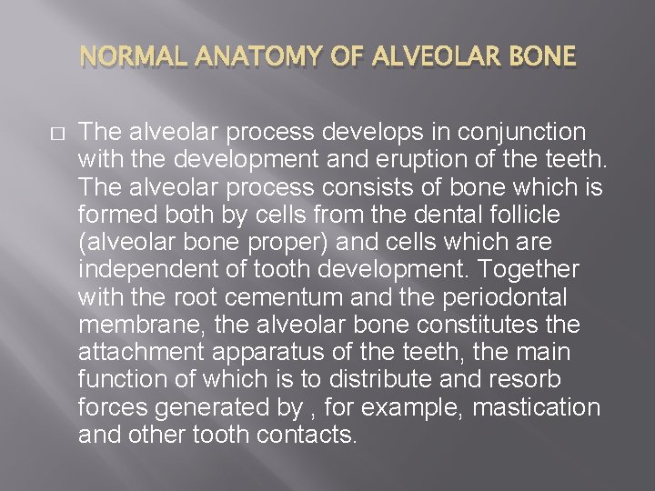 NORMAL ANATOMY OF ALVEOLAR BONE � The alveolar process develops in conjunction with the