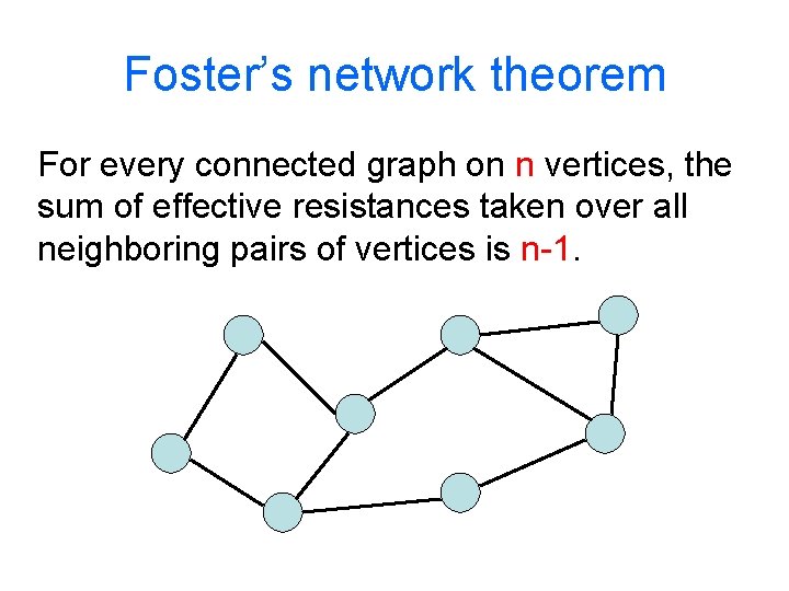 Foster’s network theorem For every connected graph on n vertices, the sum of effective