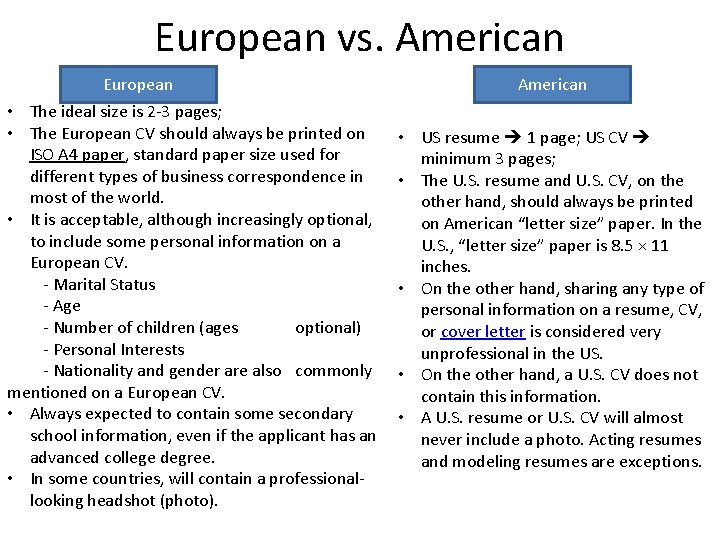 European vs. American European • The ideal size is 2 -3 pages; • The