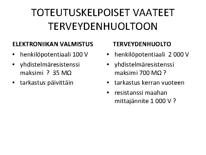 TOTEUTUSKELPOISET VAATEET TERVEYDENHUOLTOON ELEKTRONIIKAN VALMISTUS • henkilöpotentiaali 100 V • yhdistelmäresistenssi maksimi ? 35