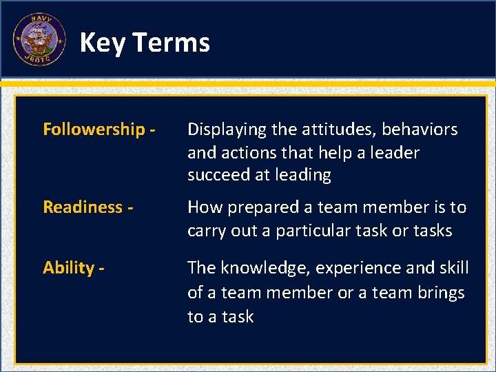 Key Terms Followership - Displaying the attitudes, behaviors and actions that help a leader