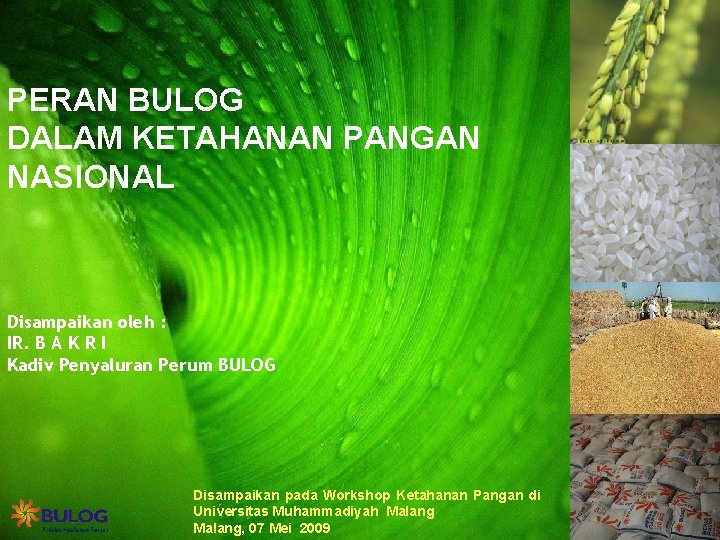 PERAN BULOG DALAM KETAHANAN PANGAN NASIONAL Disampaikan oleh : IR. B A K R