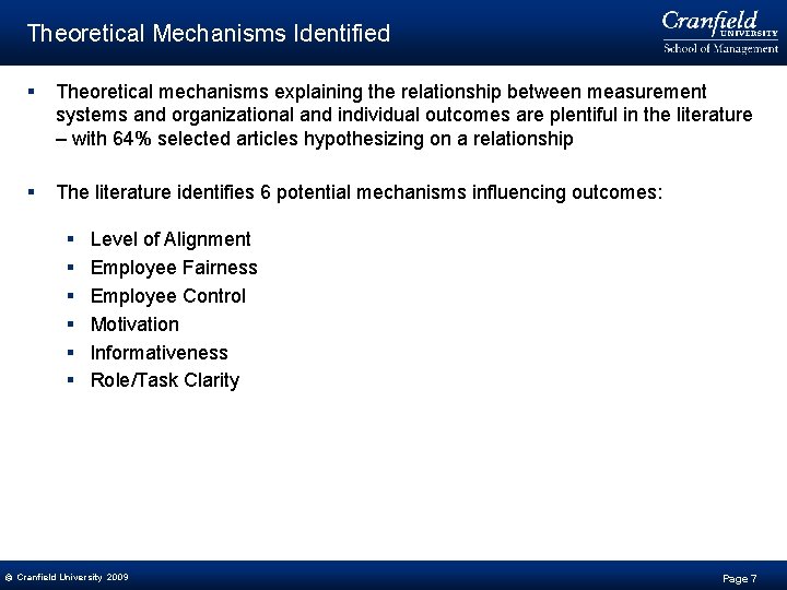 Theoretical Mechanisms Identified § Theoretical mechanisms explaining the relationship between measurement systems and organizational