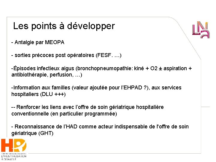 Les points à développer - Antalgie par MEOPA - sorties précoces post opératoires (FESF.
