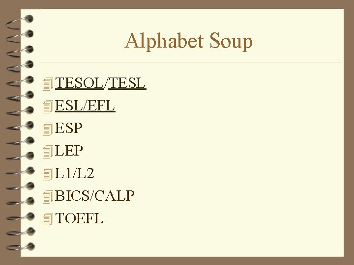 Alphabet Soup 4 TESOL/TESL 4 ESL/EFL 4 ESP 4 LEP 4 L 1/L 2